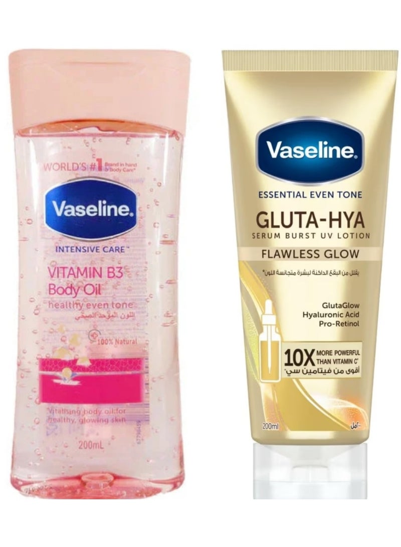 لوشن مصل جلوتا هيا لتوهج لا تشوبه شائبة، 200 مل + زيت الجسم بفيتامين B3 لتوحيد لون البشرة الصحي